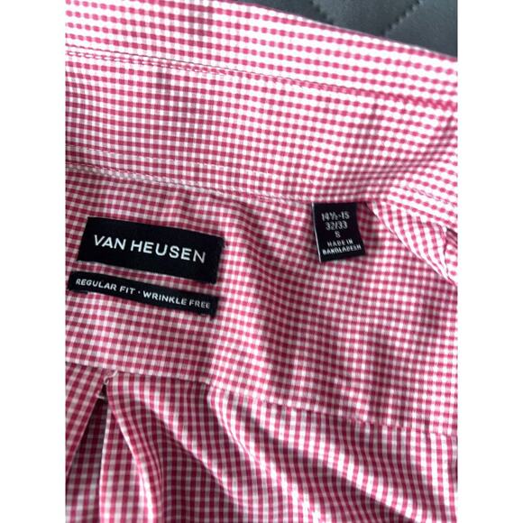 ✨Van Heusen Mens Button Down Shirt Red Gingham Check Wrinkle Free Small 14.5-15 - Picture 3 of 7